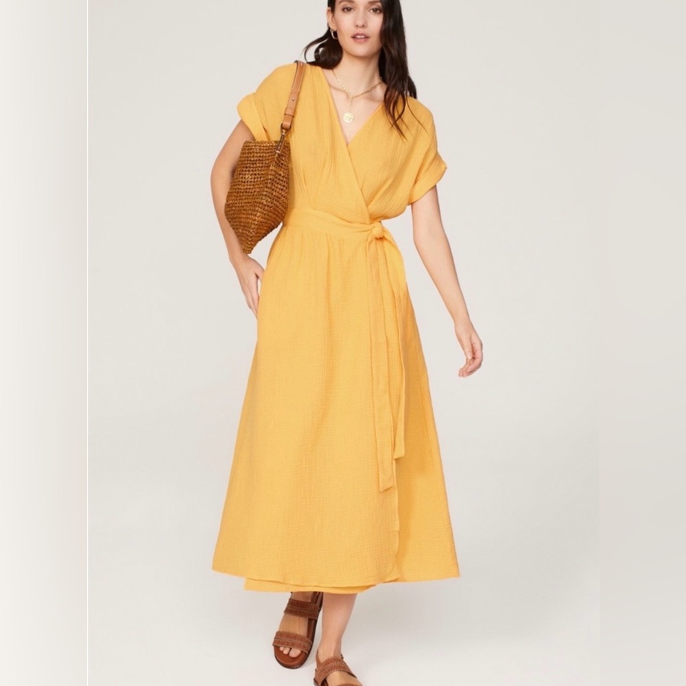 Marine Layer Mustard 100% cotton Midi wrap Dress size S pockets short sleeve